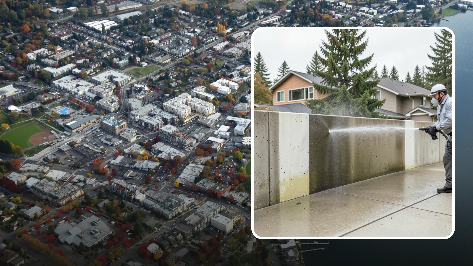 Concrete Wall Cleaning in Kirkland, King County, WA - Wash algae and grime from vertical concrete walls using soft-wash methods that clean without gouging.