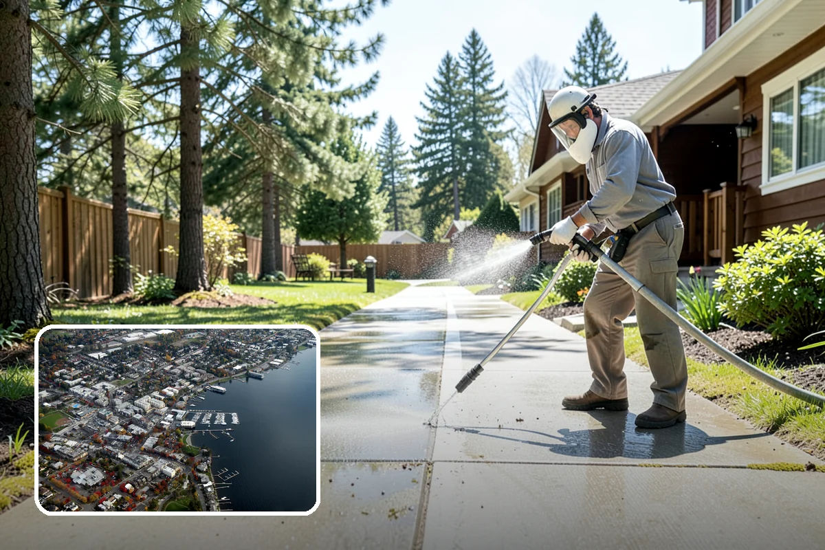 Concrete Wall Cleaning in Kirkland, King County, WA - Clears green algae from shaded, north-facing wall surfaces