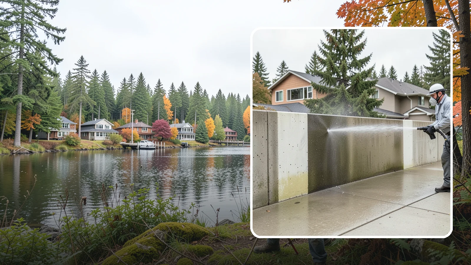 Concrete Wall Cleaning in La Conner, Skagit County, WA - Wash algae and grime from vertical concrete walls using soft-wash methods that clean without gouging.