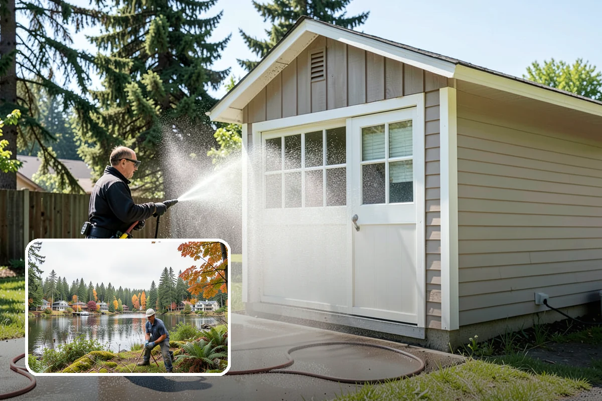 Concrete Wall Cleaning in La Conner, Skagit County, WA - Clears green algae from shaded, north-facing wall surfaces