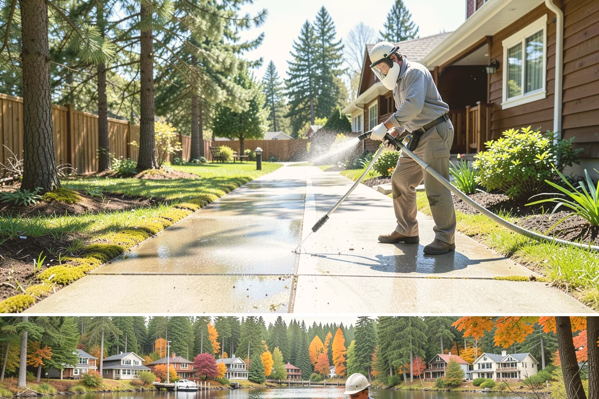 Concrete Wall Cleaning in La Conner, Skagit County, WA - Spring is a strong time to clear the algae that flourished through the wet winter, giving walls a clean start before summer.