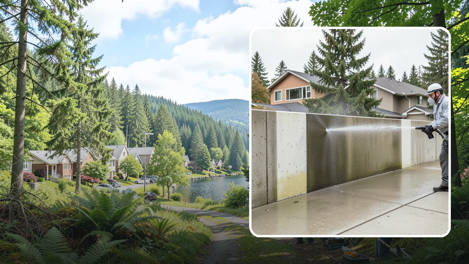 Concrete Wall Cleaning in Lake Forest Park, King County, WA - Wash algae and grime from vertical concrete walls using soft-wash methods that clean without gouging.