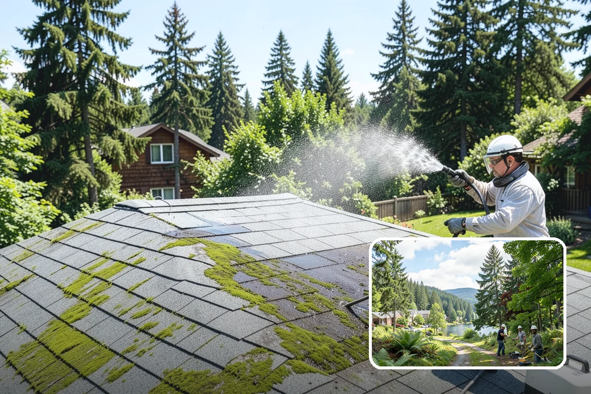 Concrete Wall Cleaning in Lake Forest Park, King County, WA - Clears green algae from shaded, north-facing wall surfaces