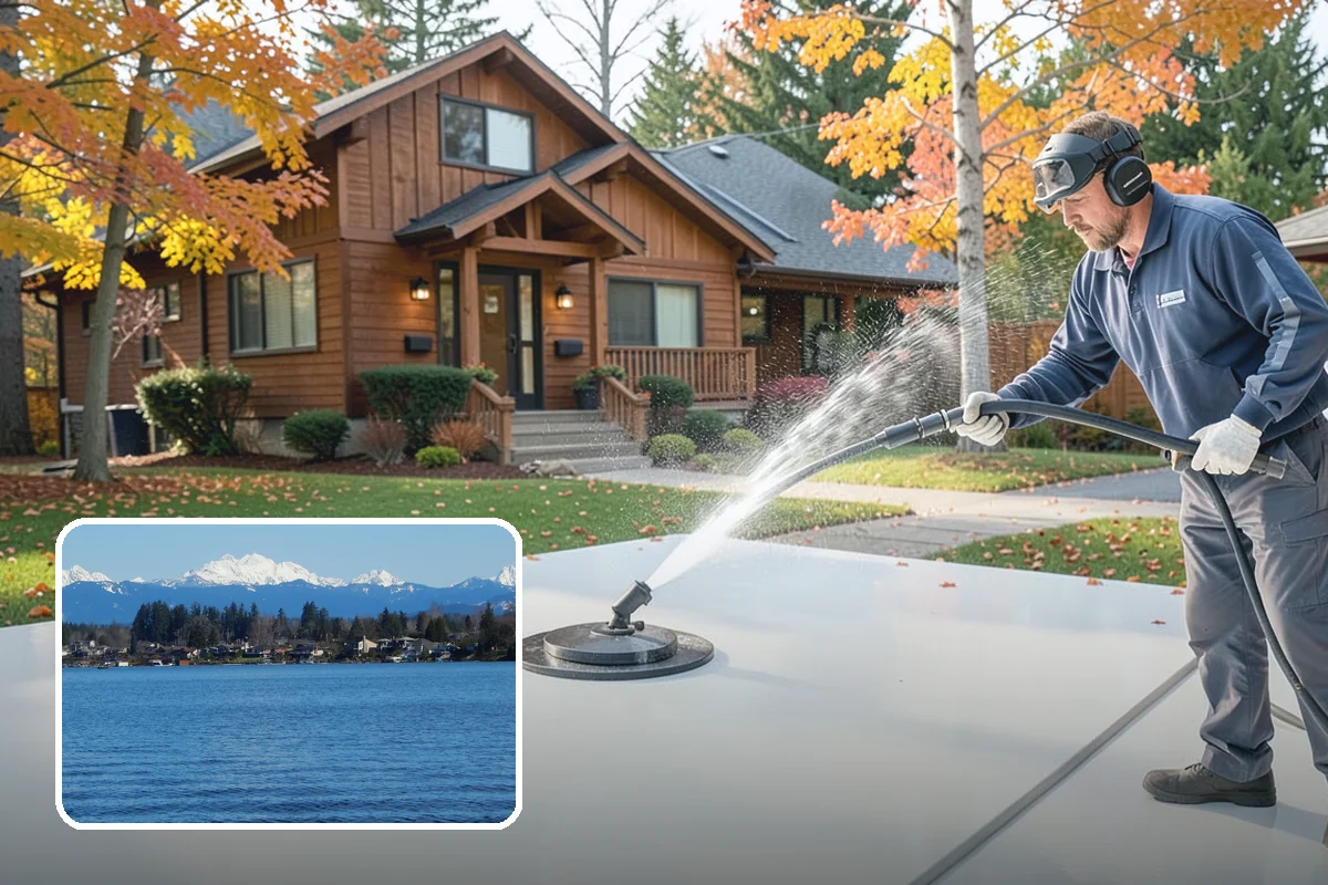 Concrete Wall Cleaning in Lake Stevens, Snohomish County, WA - Clears green algae from shaded, north-facing wall surfaces