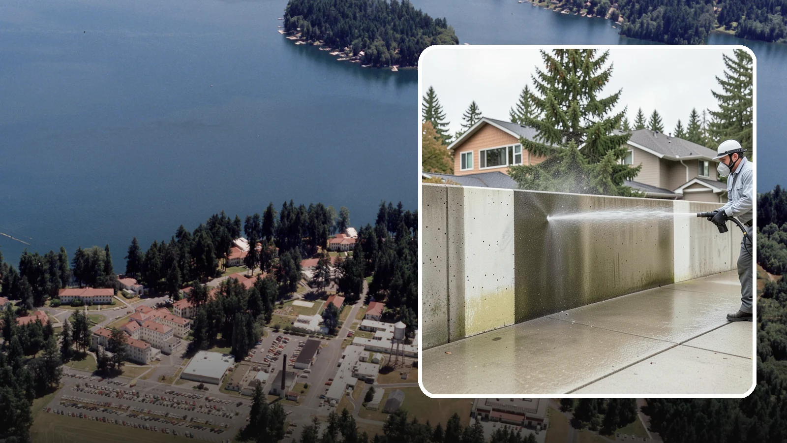 Concrete Wall Cleaning in Lakewood, Pierce County, WA - Wash algae and grime from vertical concrete walls using soft-wash methods that clean without gouging.