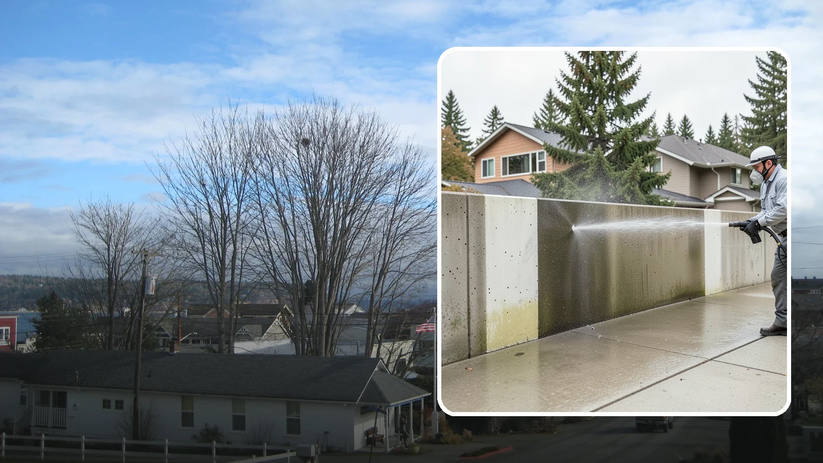 Concrete Wall Cleaning in Langley, Island County, WA - Wash algae and grime from vertical concrete walls using soft-wash methods that clean without gouging.