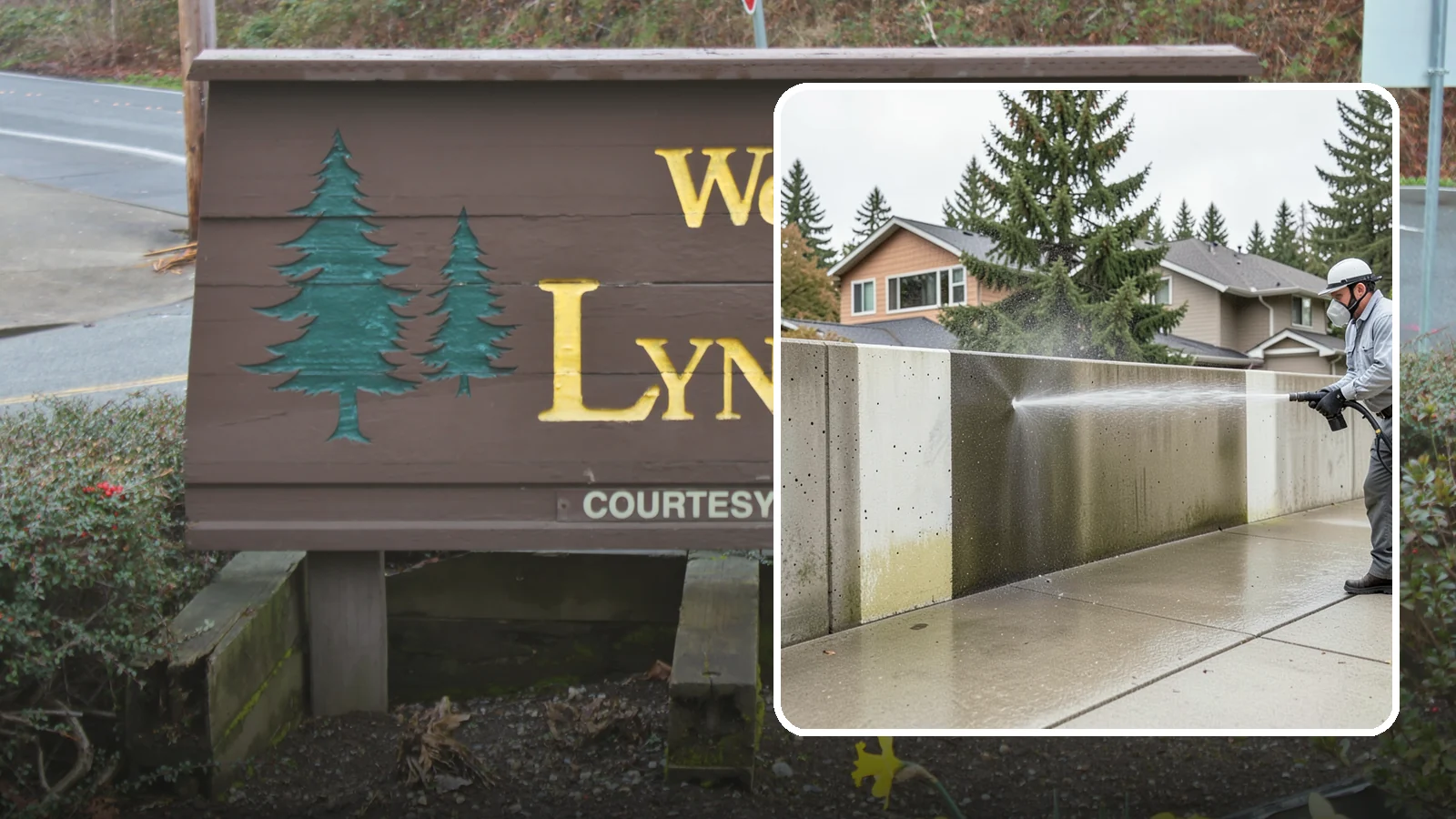 Concrete Wall Cleaning in Lynnwood, Snohomish County, WA - Wash algae and grime from vertical concrete walls using soft-wash methods that clean without gouging.