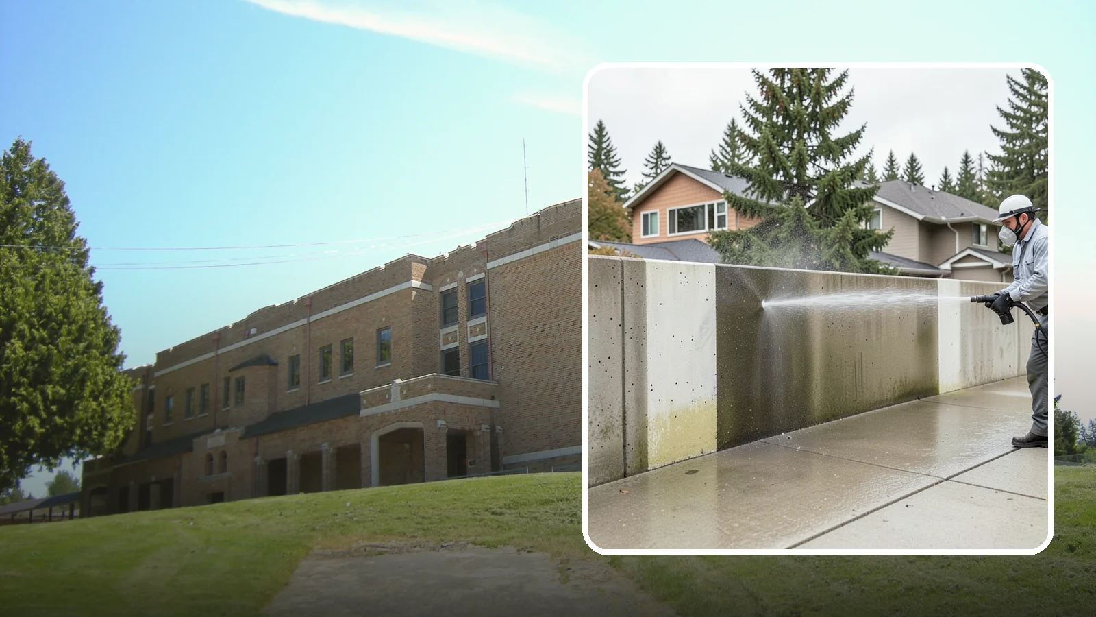 Concrete Wall Cleaning in Maple Valley, King County, WA - Wash algae and grime from vertical concrete walls using soft-wash methods that clean without gouging.