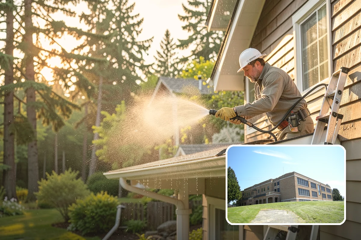Concrete Wall Cleaning in Maple Valley, King County, WA - Clears green algae from shaded, north-facing wall surfaces