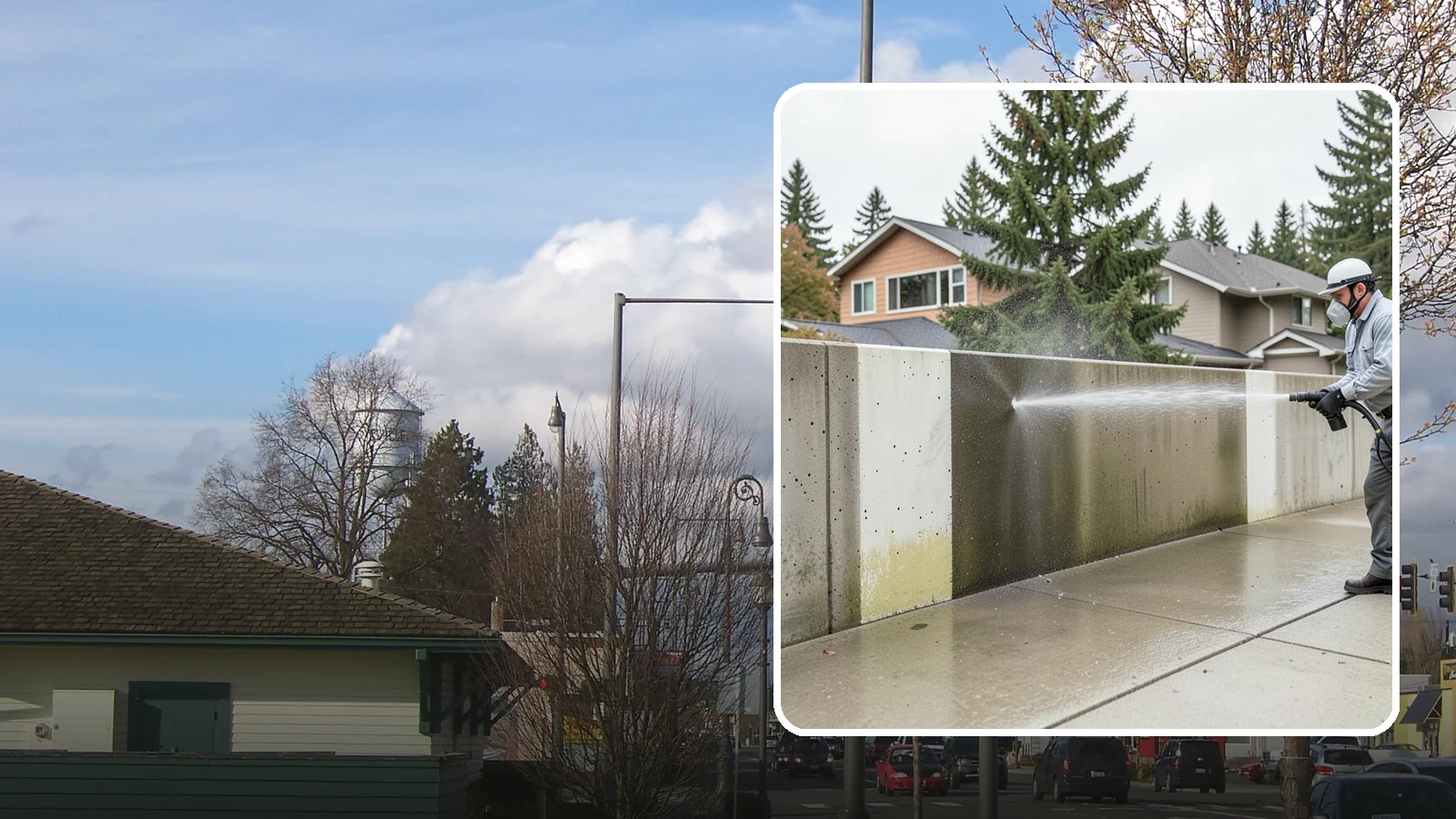 Concrete Wall Cleaning in Marysville, Snohomish County, WA - Wash algae and grime from vertical concrete walls using soft-wash methods that clean without gouging.