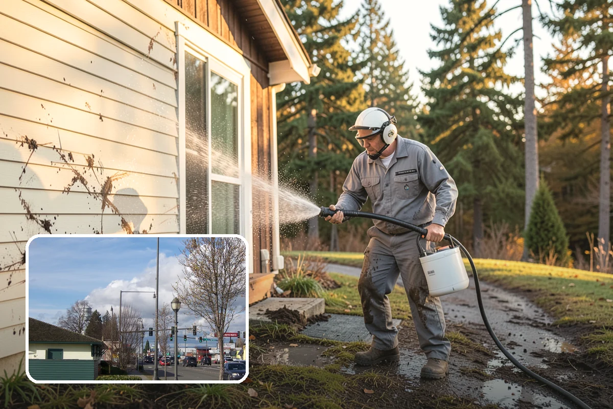Concrete Wall Cleaning in Marysville, Snohomish County, WA - Clears green algae from shaded, north-facing wall surfaces