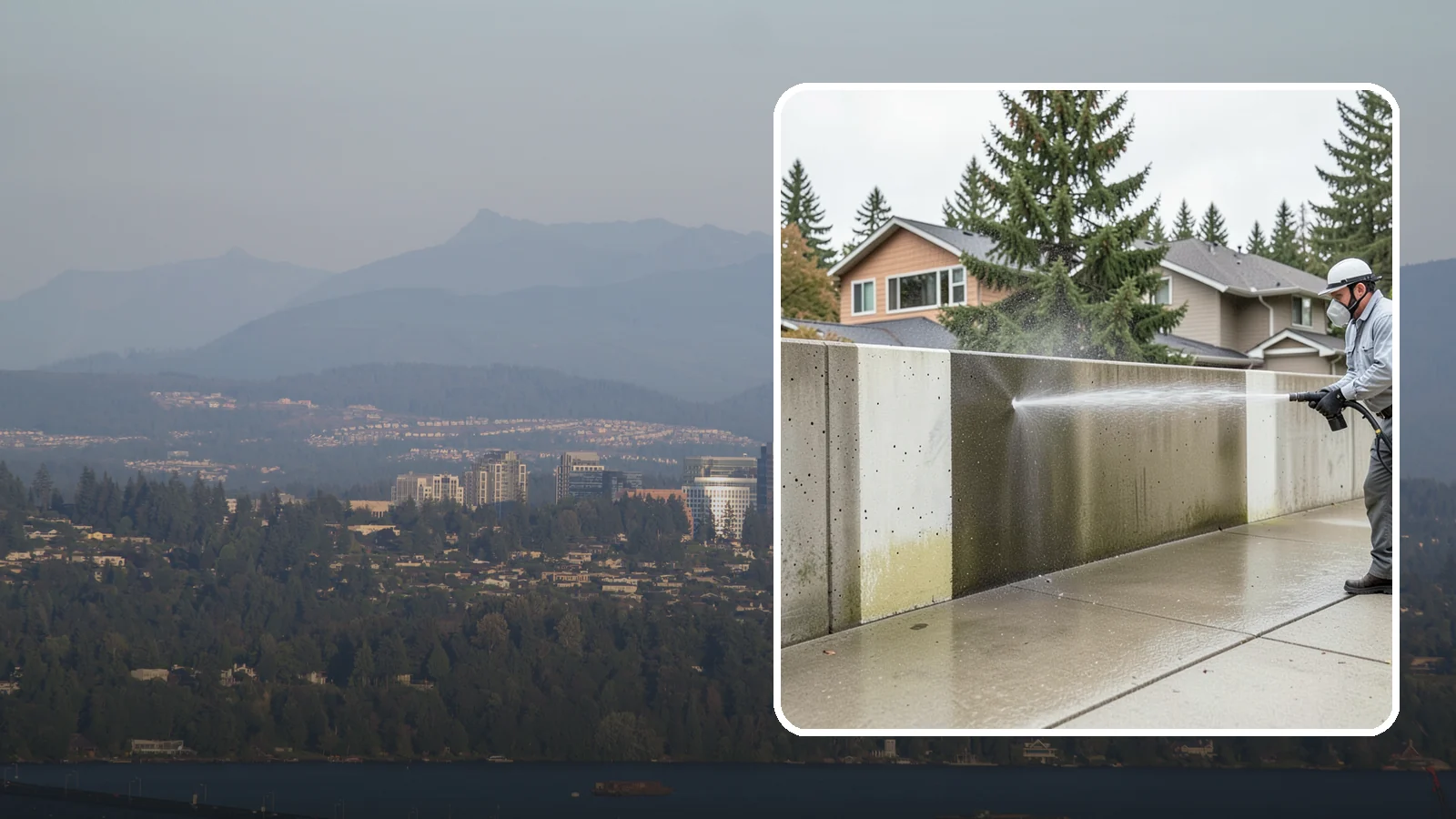 Concrete Wall Cleaning in Medina, King County, WA - Wash algae and grime from vertical concrete walls using soft-wash methods that clean without gouging.