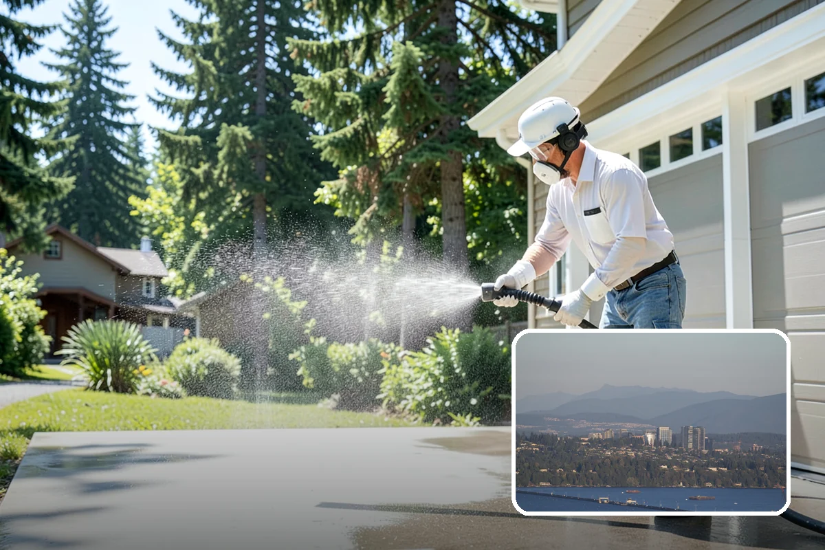 Concrete Wall Cleaning in Medina, King County, WA - Clears green algae from shaded, north-facing wall surfaces