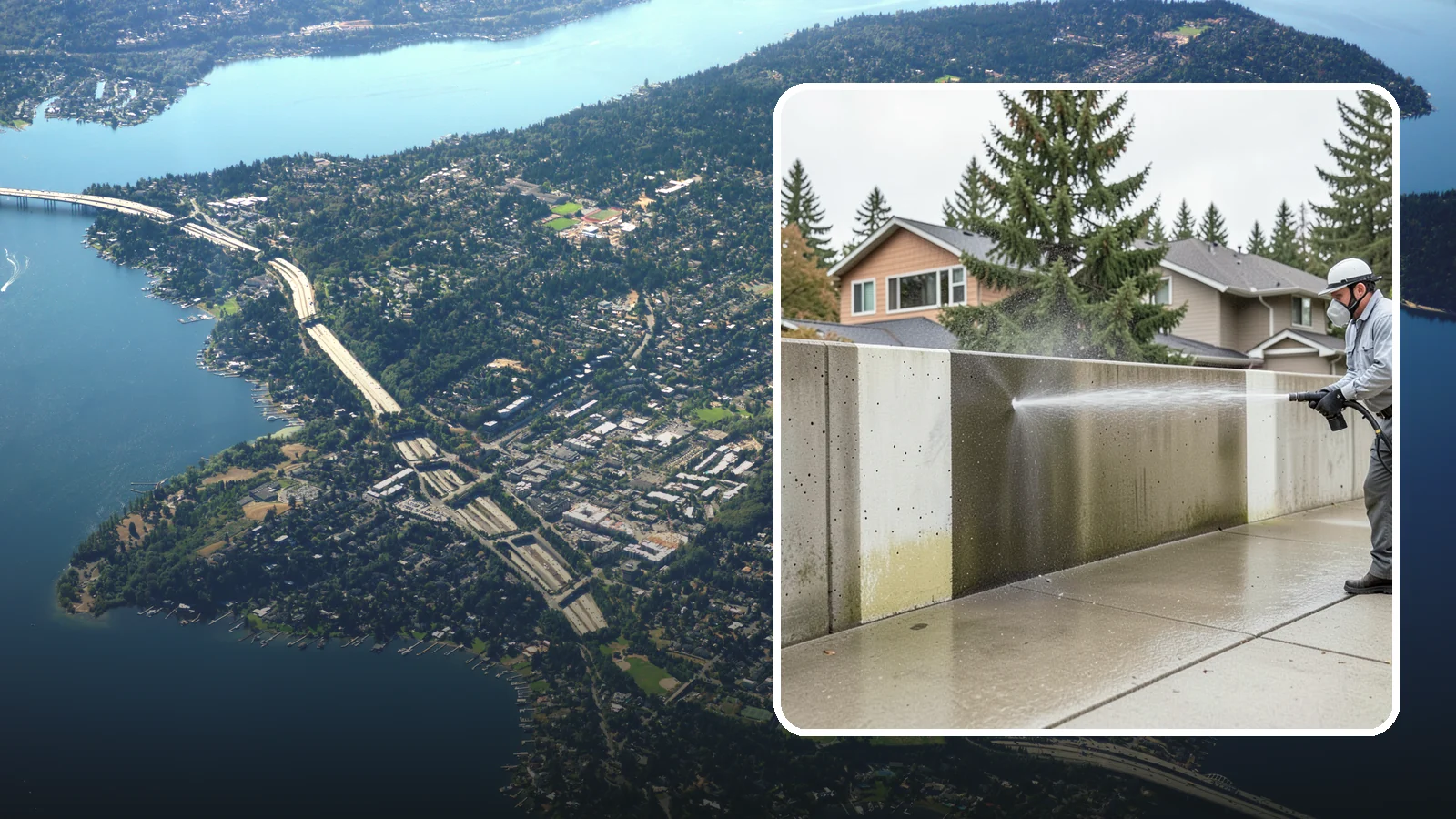 Concrete Wall Cleaning in Mercer Island, King County, WA - Wash algae and grime from vertical concrete walls using soft-wash methods that clean without gouging.
