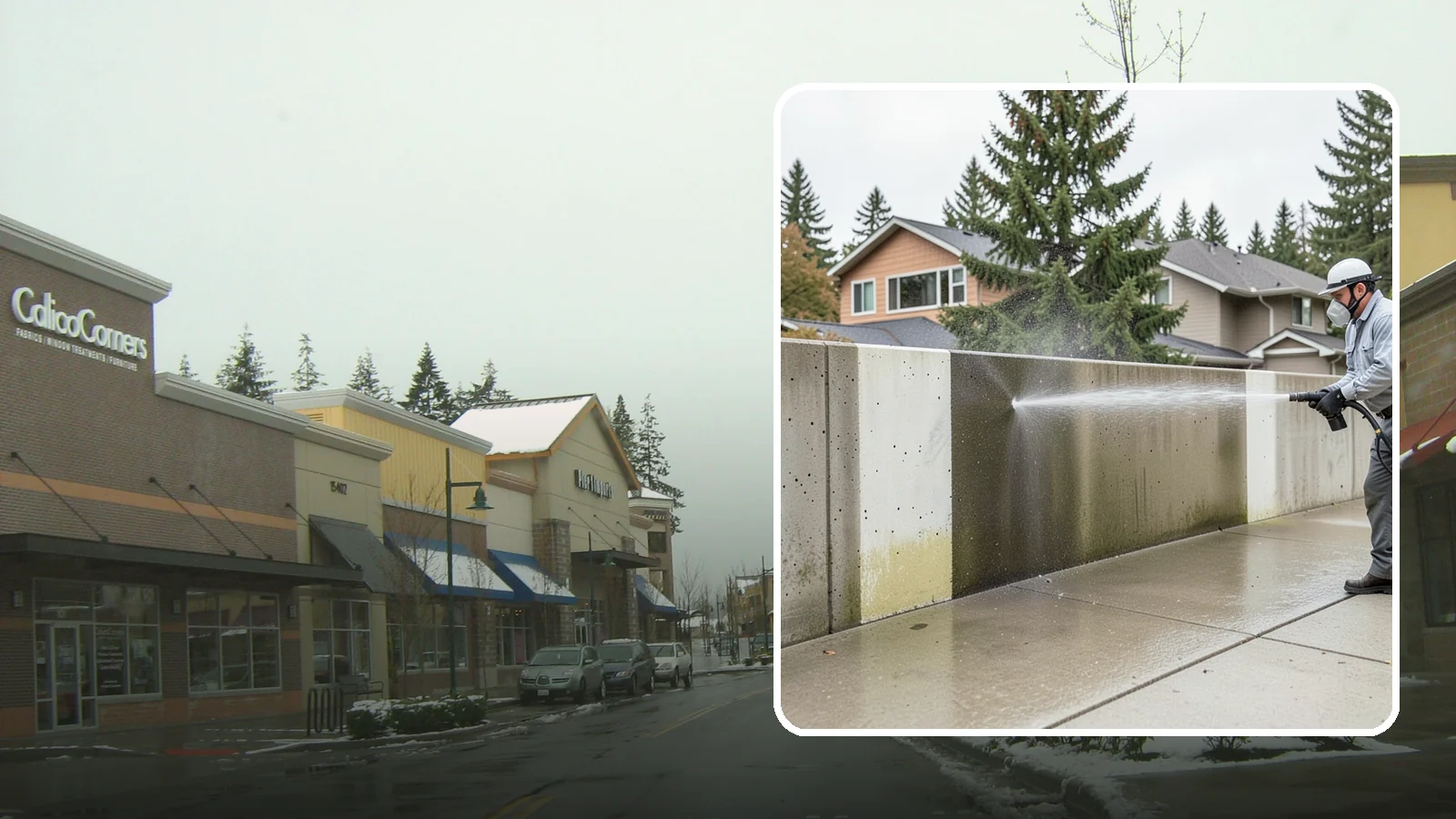 Concrete Wall Cleaning in Mill Creek, Snohomish County, WA - Wash algae and grime from vertical concrete walls using soft-wash methods that clean without gouging.