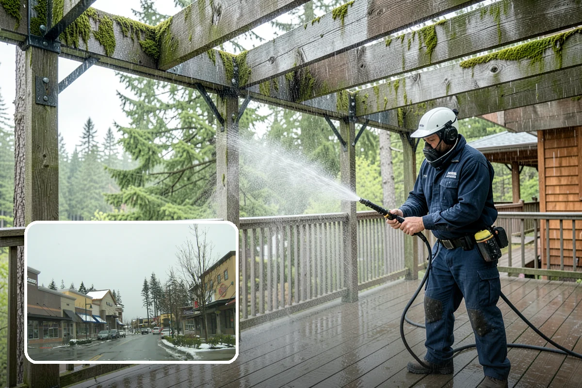 Concrete Wall Cleaning in Mill Creek, Snohomish County, WA - Clears green algae from shaded, north-facing wall surfaces