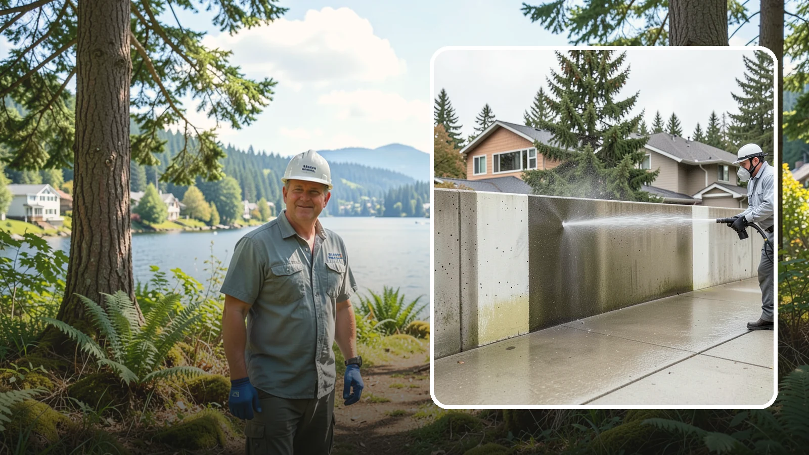 Concrete Wall Cleaning in Milton, King County, WA - Wash algae and grime from vertical concrete walls using soft-wash methods that clean without gouging.