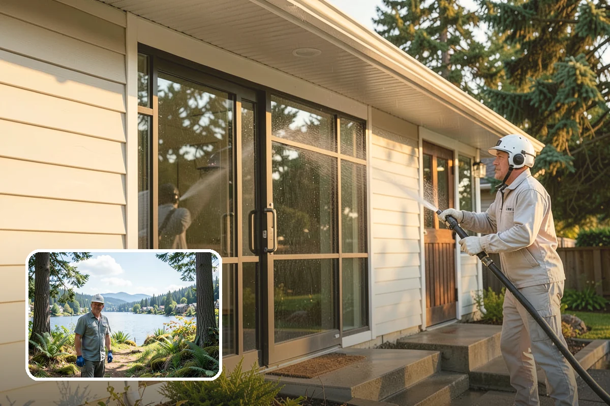 Concrete Wall Cleaning in Milton, King County, WA - Clears green algae from shaded, north-facing wall surfaces