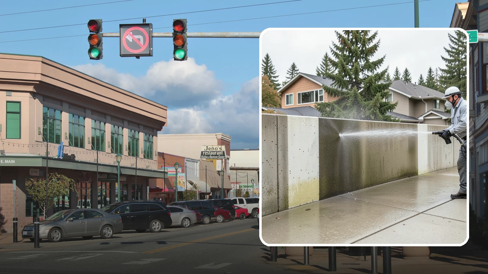 Concrete Wall Cleaning in Monroe, Snohomish County, WA - Wash algae and grime from vertical concrete walls using soft-wash methods that clean without gouging.