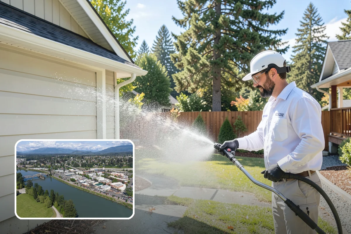 Concrete Wall Cleaning in Mount Vernon, Skagit County, WA - Clears green algae from shaded, north-facing wall surfaces