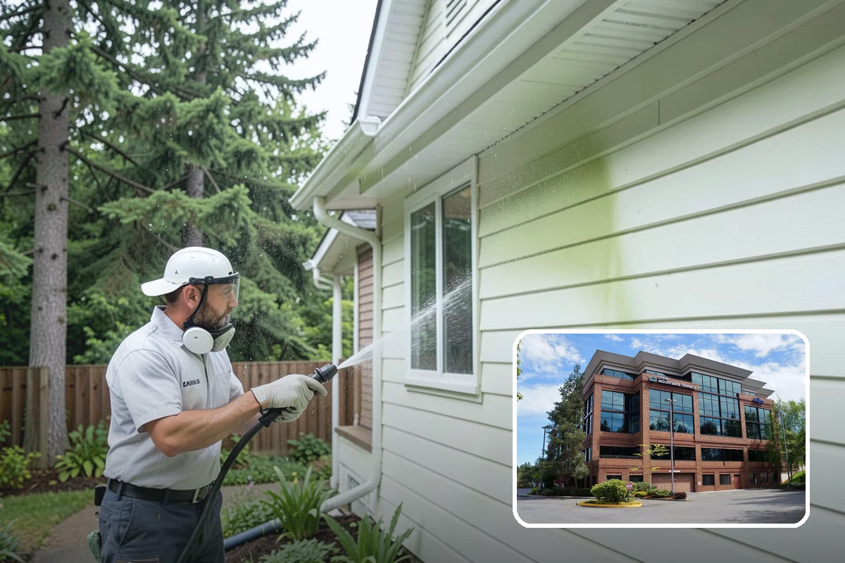Concrete Wall Cleaning in Mountlake Terrace, Snohomish County, WA - Clears green algae from shaded, north-facing wall surfaces