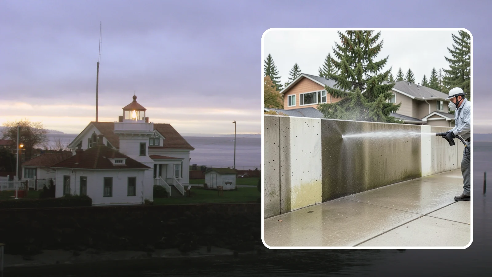 Concrete Wall Cleaning in Mukilteo, Snohomish County, WA - Wash algae and grime from vertical concrete walls using soft-wash methods that clean without gouging.