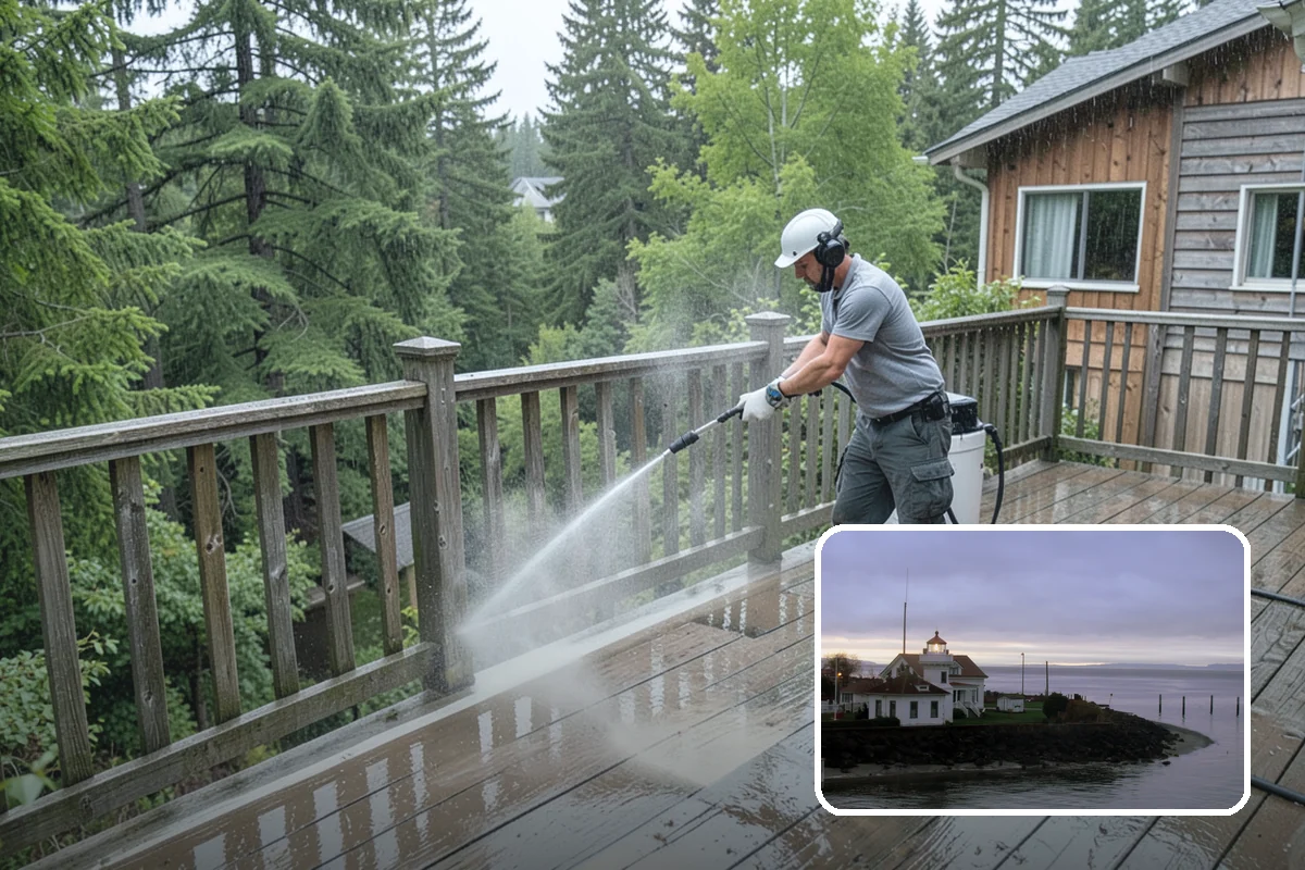 Concrete Wall Cleaning in Mukilteo, Snohomish County, WA - Clears green algae from shaded, north-facing wall surfaces