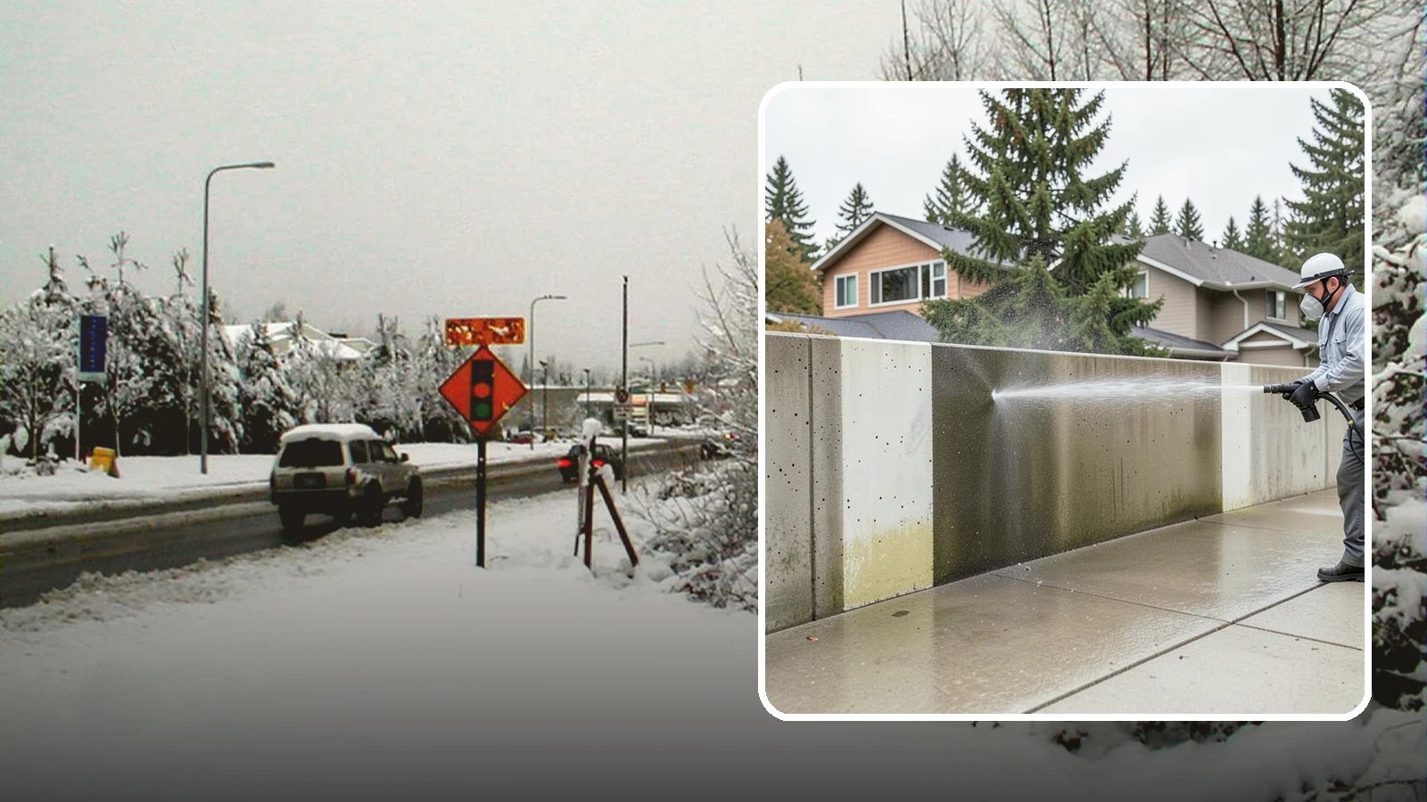 Concrete Wall Cleaning in Newcastle, King County, WA - Wash algae and grime from vertical concrete walls using soft-wash methods that clean without gouging.