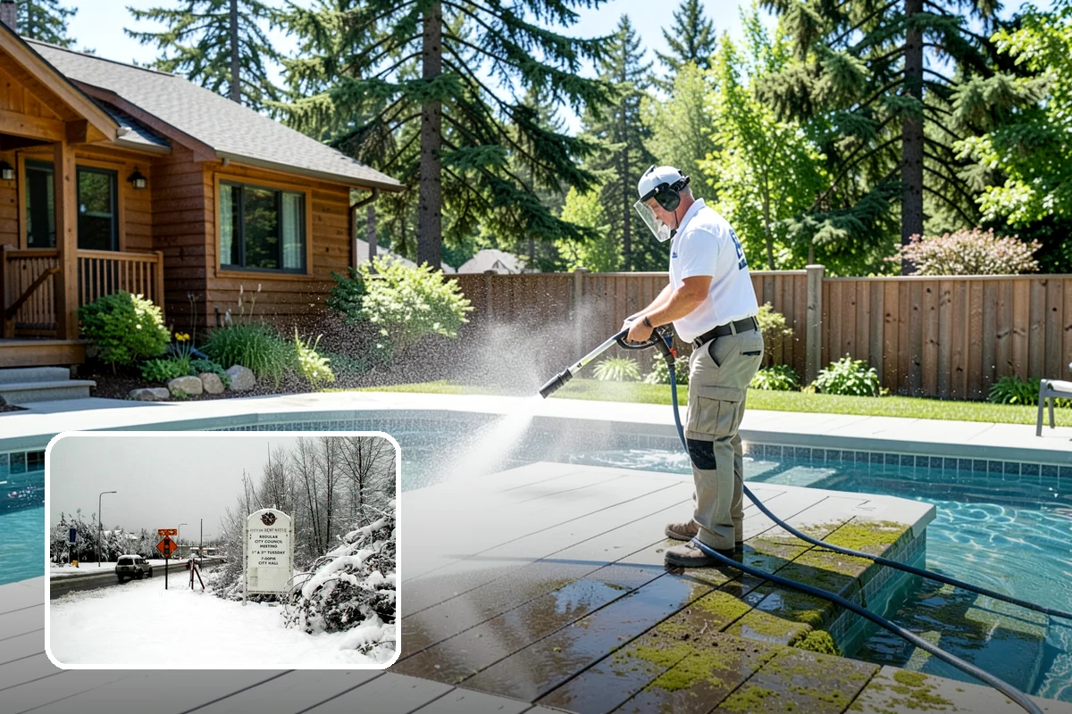 Concrete Wall Cleaning in Newcastle, King County, WA - Clears green algae from shaded, north-facing wall surfaces