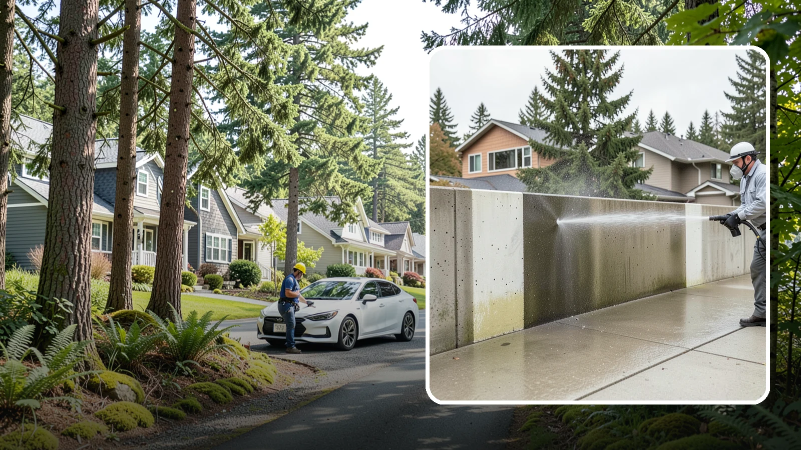 Concrete Wall Cleaning in Normandy Park, King County, WA - Wash algae and grime from vertical concrete walls using soft-wash methods that clean without gouging.
