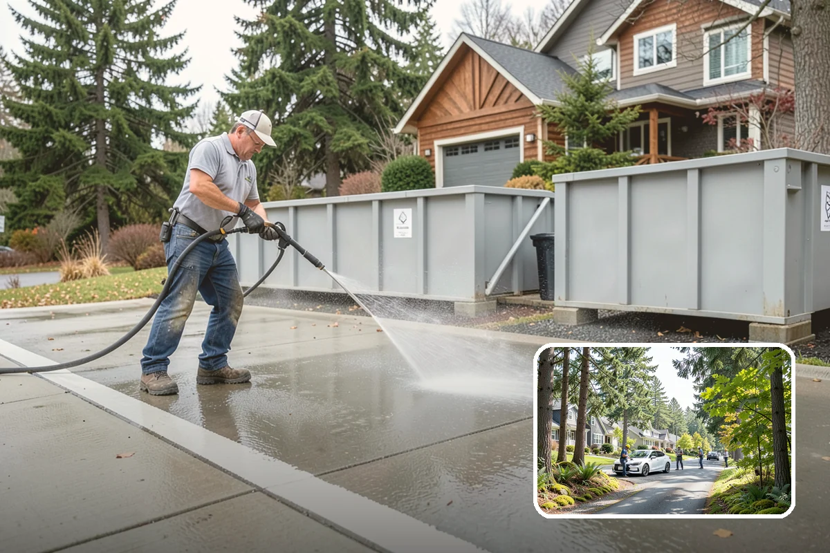 Concrete Wall Cleaning in Normandy Park, King County, WA - Clears green algae from shaded, north-facing wall surfaces