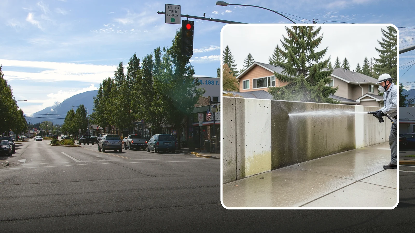 Concrete Wall Cleaning in North Bend, King County, WA - Wash algae and grime from vertical concrete walls using soft-wash methods that clean without gouging.