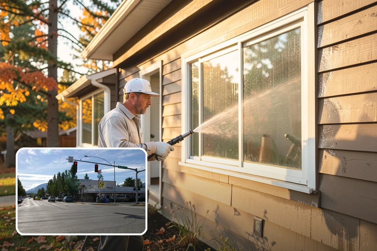 Concrete Wall Cleaning in North Bend, King County, WA - Clears green algae from shaded, north-facing wall surfaces