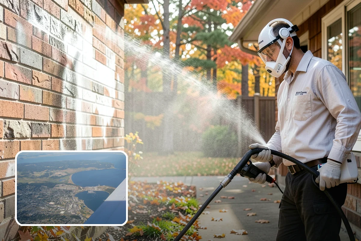 Concrete Wall Cleaning in Oak Harbor, Island County, WA - Clears green algae from shaded, north-facing wall surfaces