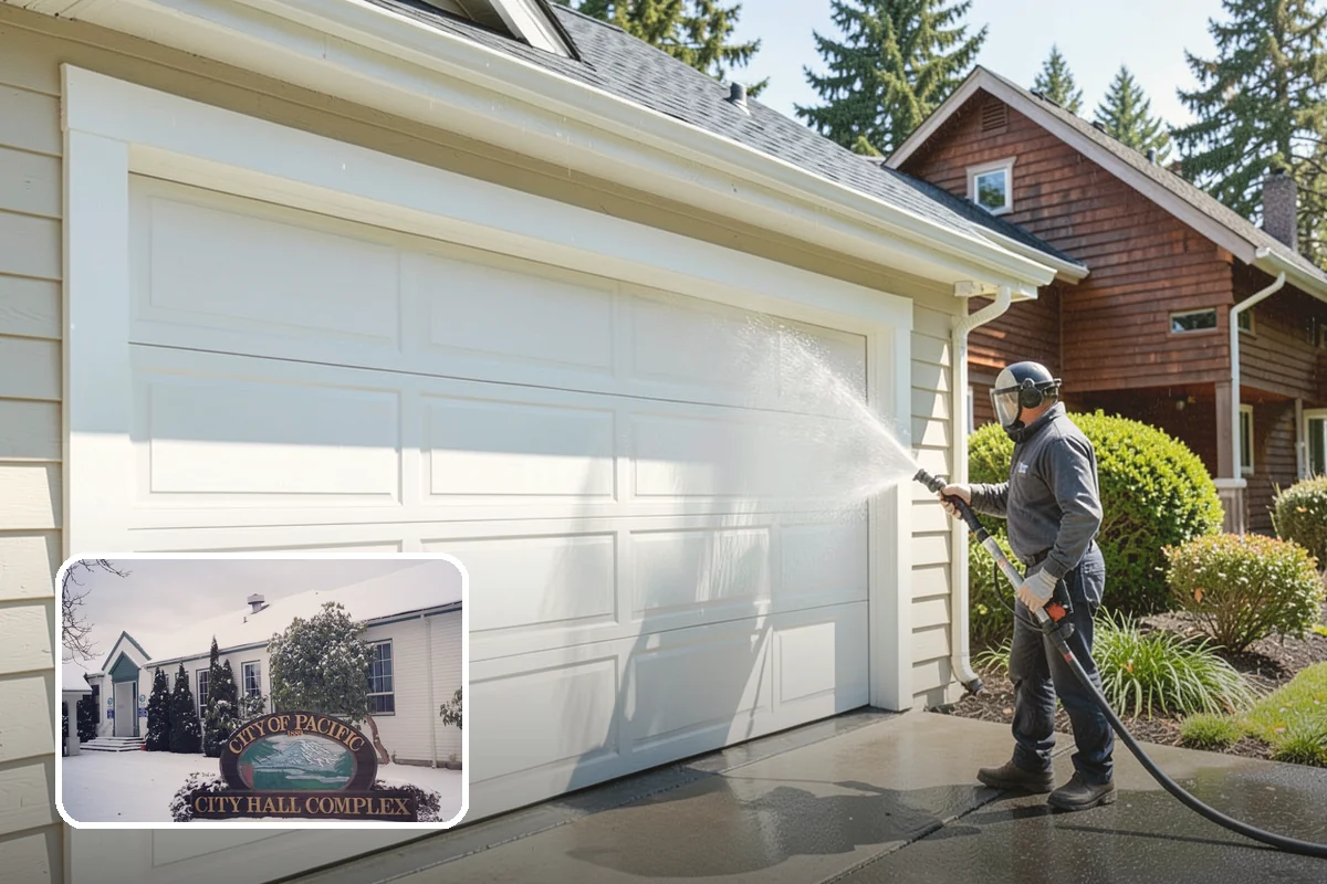 Concrete Wall Cleaning in Pacific, King County, WA - Clears green algae from shaded, north-facing wall surfaces