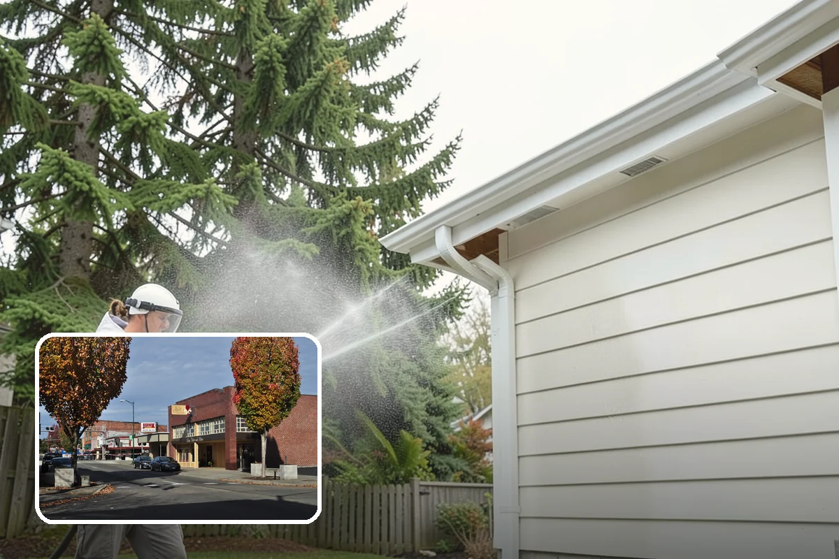 Concrete Wall Cleaning in Puyallup, Pierce County, WA - Clears green algae from shaded, north-facing wall surfaces