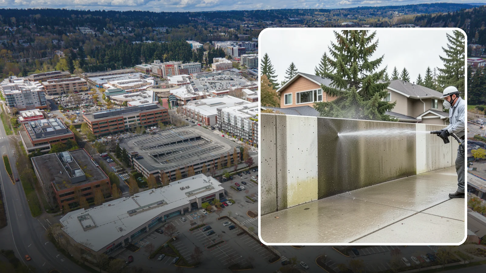 Concrete Wall Cleaning in Redmond, King County, WA - Wash algae and grime from vertical concrete walls using soft-wash methods that clean without gouging.