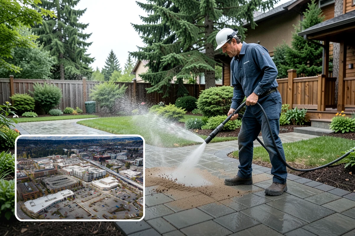 Concrete Wall Cleaning in Redmond, King County, WA - Clears green algae from shaded, north-facing wall surfaces