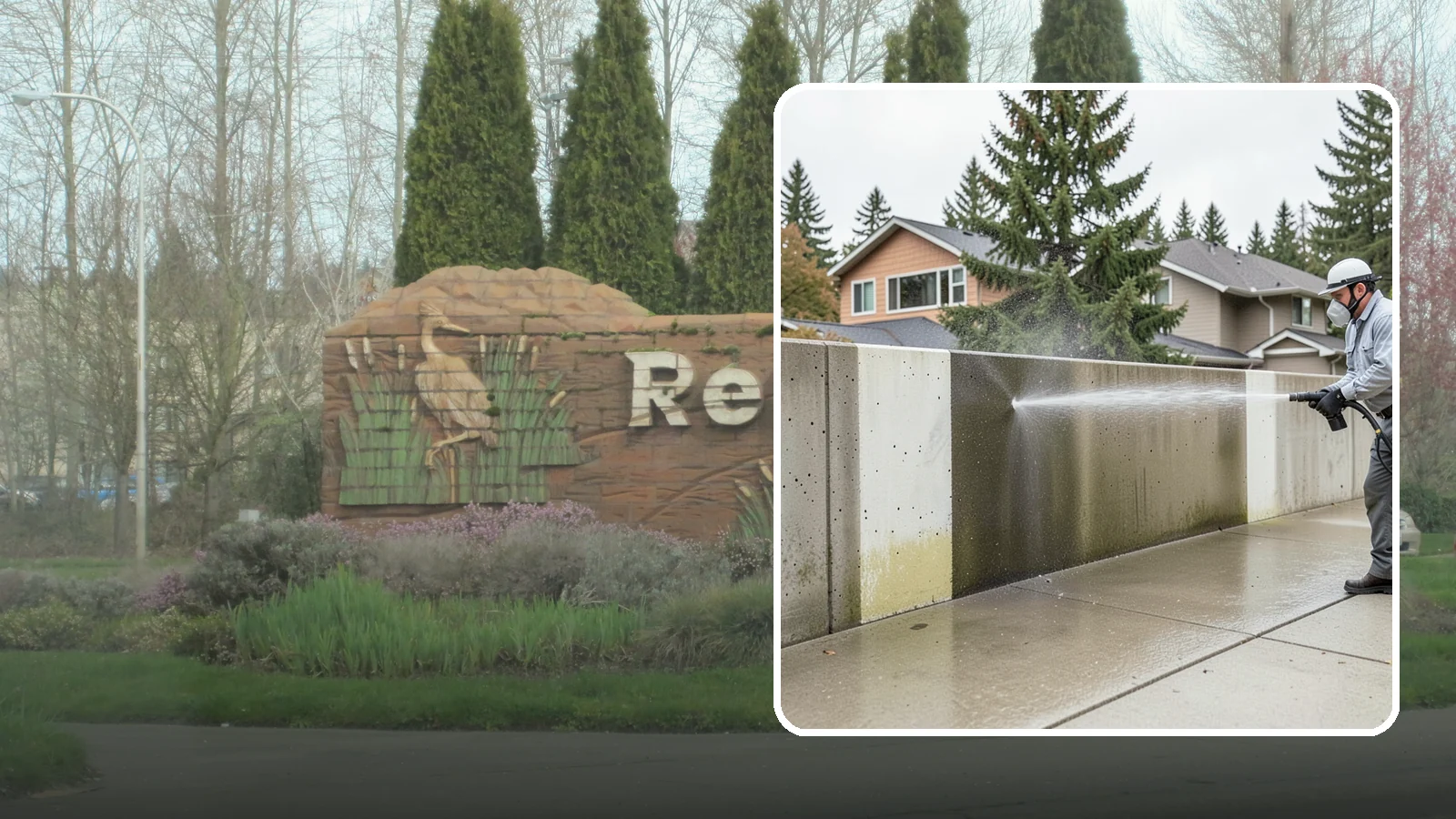 Concrete Wall Cleaning in Renton, King County, WA - Wash algae and grime from vertical concrete walls using soft-wash methods that clean without gouging.