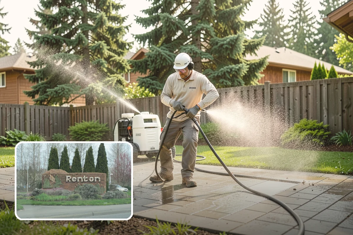 Concrete Wall Cleaning in Renton, King County, WA - Clears green algae from shaded, north-facing wall surfaces