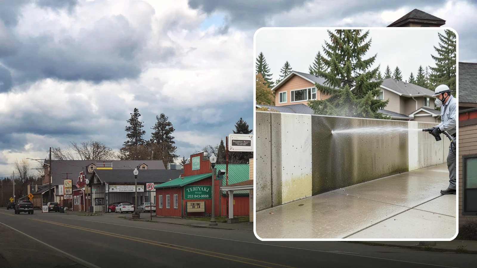 Concrete Wall Cleaning in Roy, Pierce County, WA - Wash algae and grime from vertical concrete walls using soft-wash methods that clean without gouging.