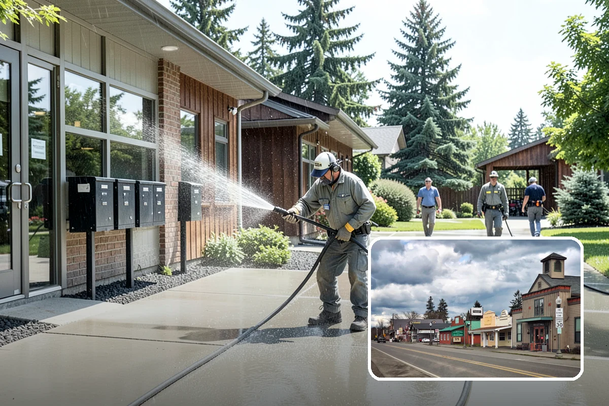 Concrete Wall Cleaning in Roy, Pierce County, WA - Clears green algae from shaded, north-facing wall surfaces
