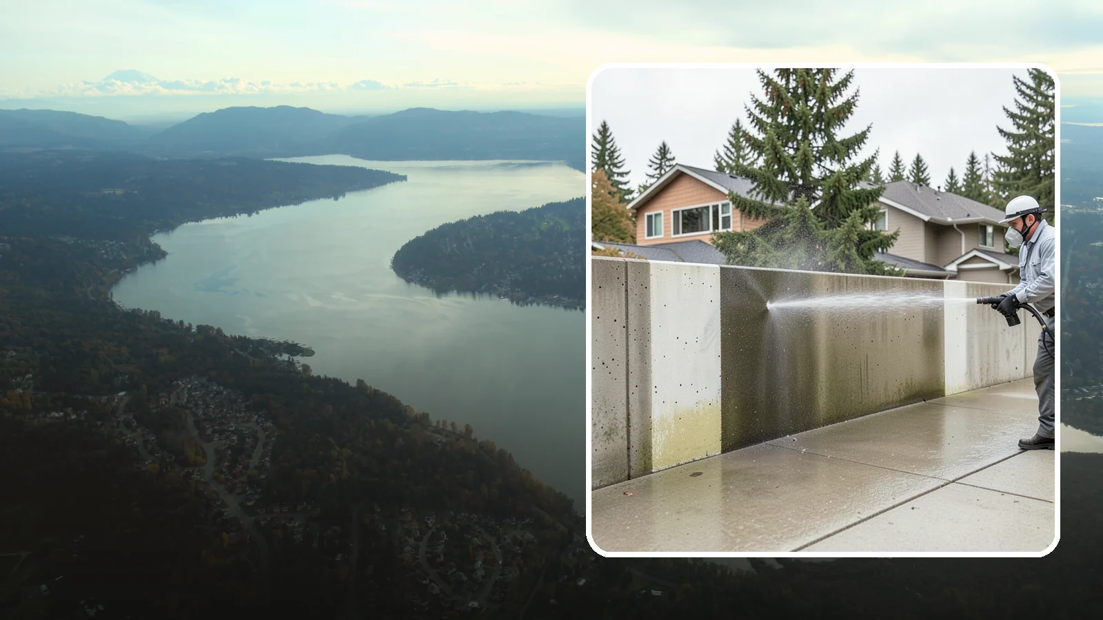 Concrete Wall Cleaning in Sammamish, King County, WA - Wash algae and grime from vertical concrete walls using soft-wash methods that clean without gouging.
