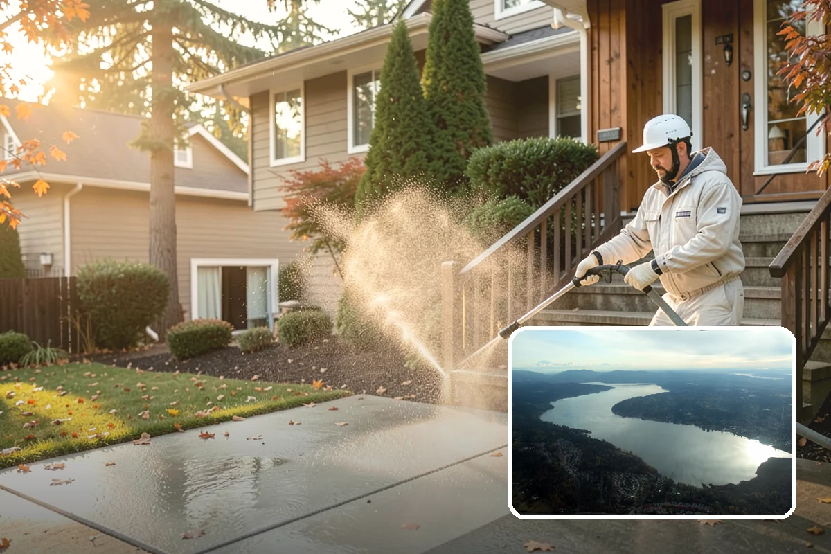 Concrete Wall Cleaning in Sammamish, King County, WA - Clears green algae from shaded, north-facing wall surfaces