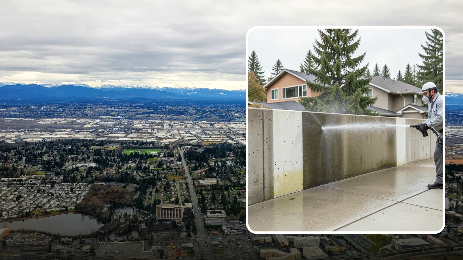 Concrete Wall Cleaning in SeaTac, King County, WA - Wash algae and grime from vertical concrete walls using soft-wash methods that clean without gouging.