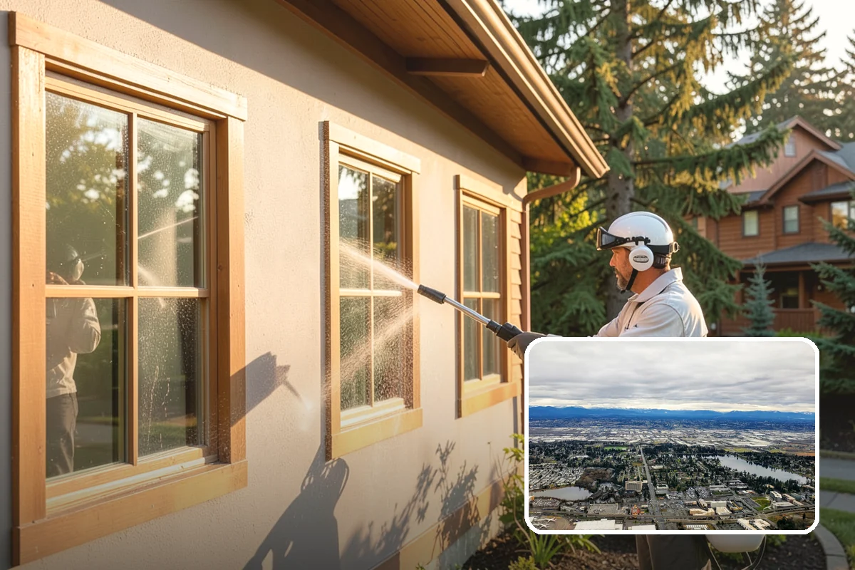 Concrete Wall Cleaning in SeaTac, King County, WA - Clears green algae from shaded, north-facing wall surfaces