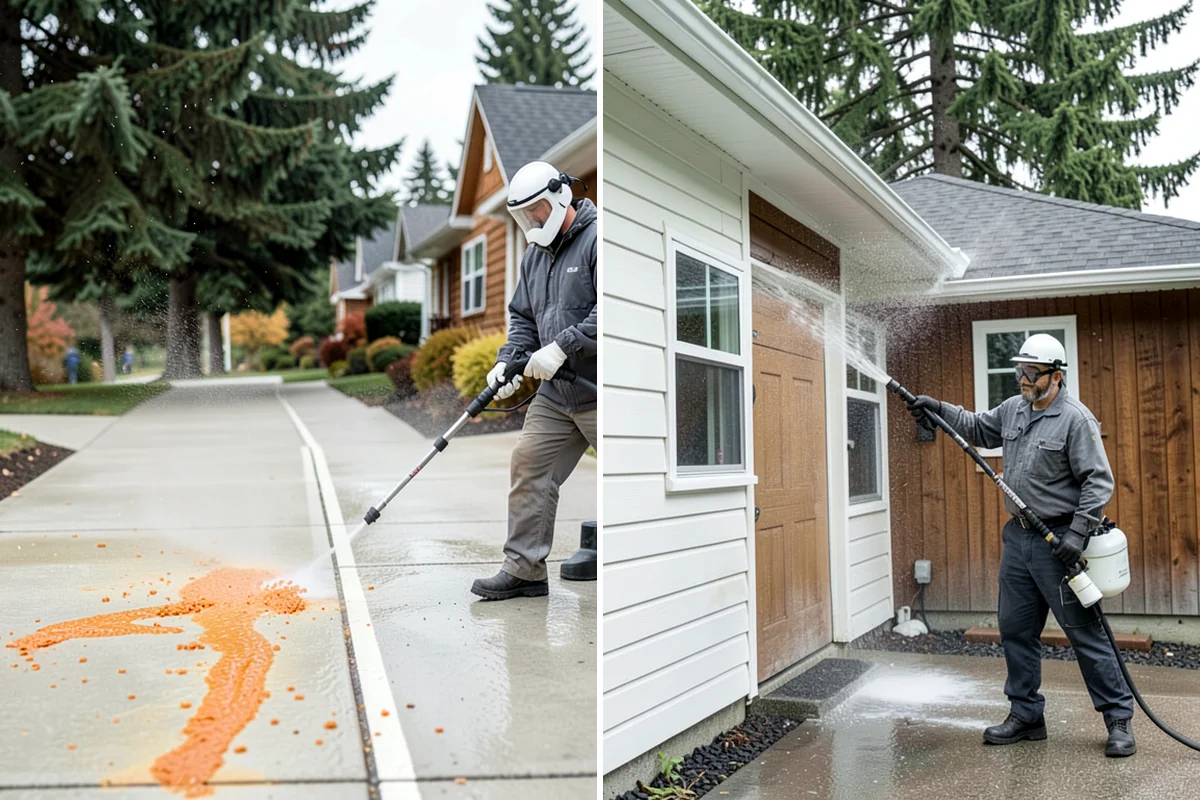 Concrete Wall Cleaning in SeaTac, King County, WA - Protect adjacent plantings and cover nearby surfaces