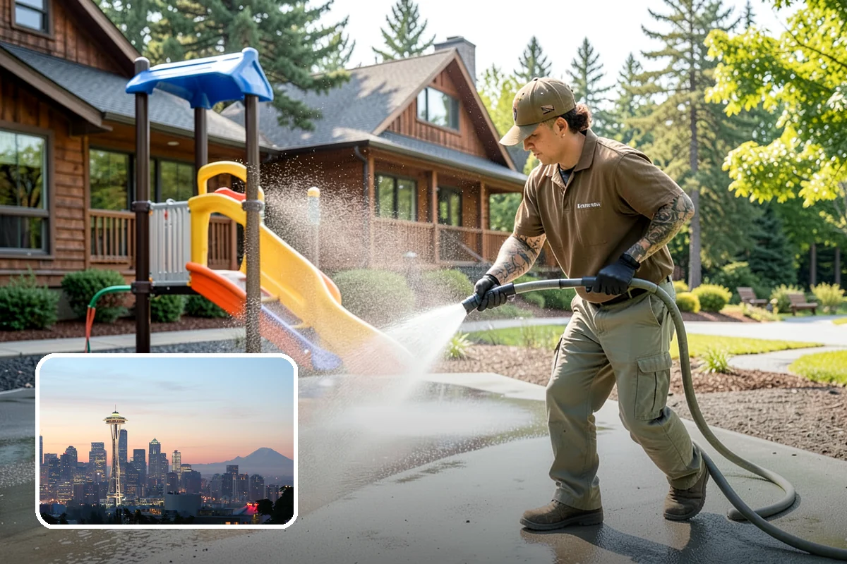 Concrete Wall Cleaning in Seattle, King County, WA - Clears green algae from shaded, north-facing wall surfaces