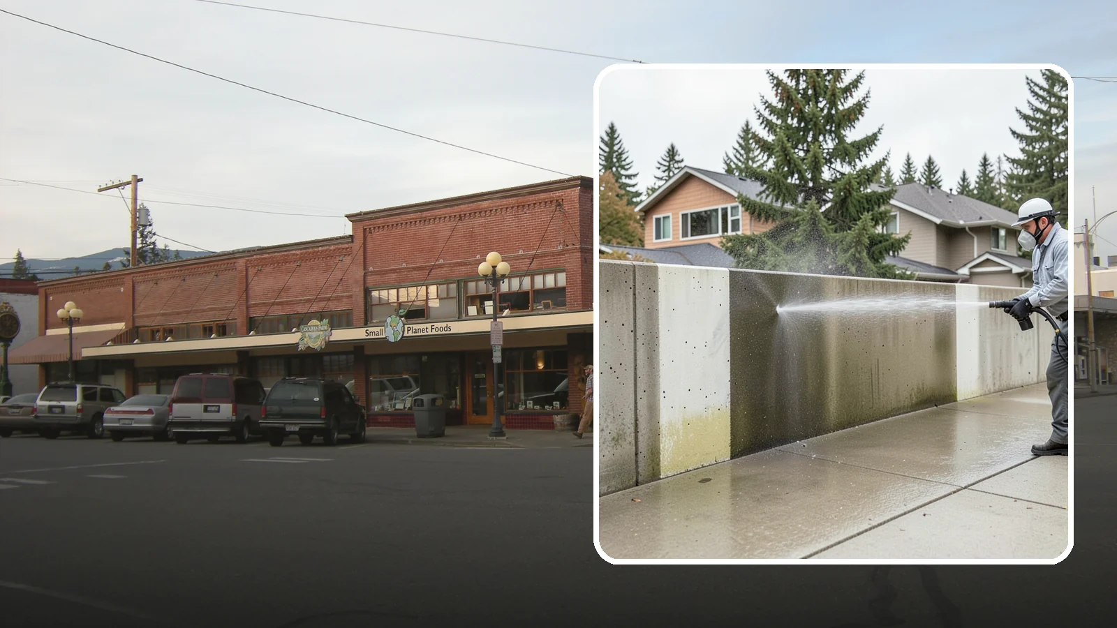 Concrete Wall Cleaning in Sedro-Woolley, Skagit County, WA - Wash algae and grime from vertical concrete walls using soft-wash methods that clean without gouging.