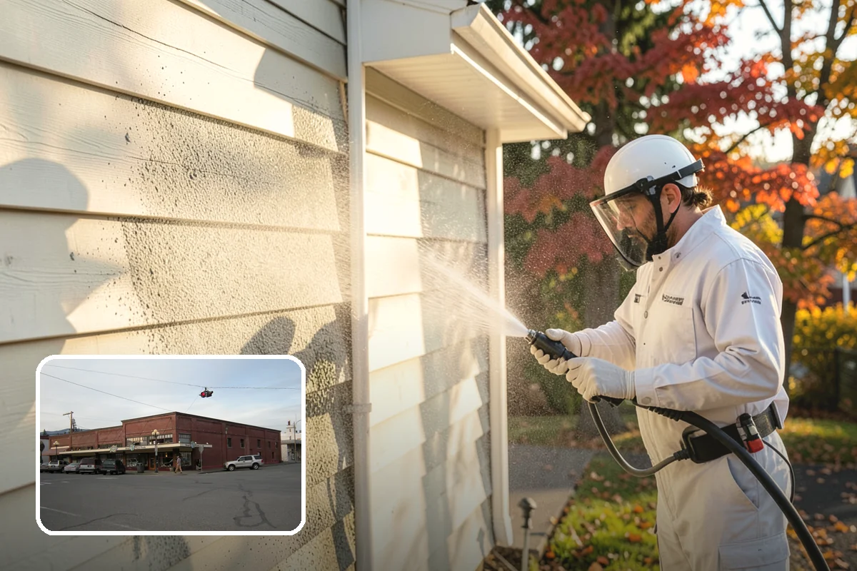 Concrete Wall Cleaning in Sedro-Woolley, Skagit County, WA - Clears green algae from shaded, north-facing wall surfaces